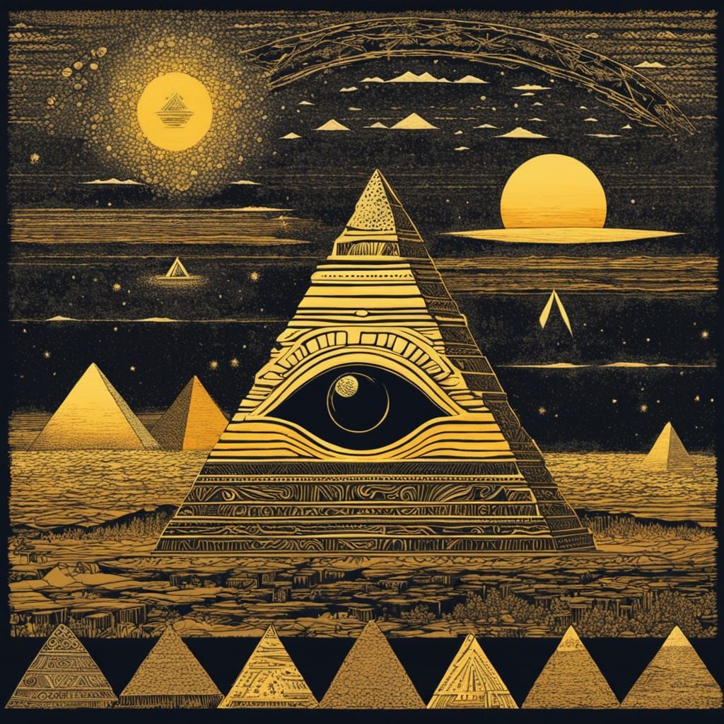 Egyptian Pyramids in a Fractal, Trompe l'Oeil Surrealism Art...