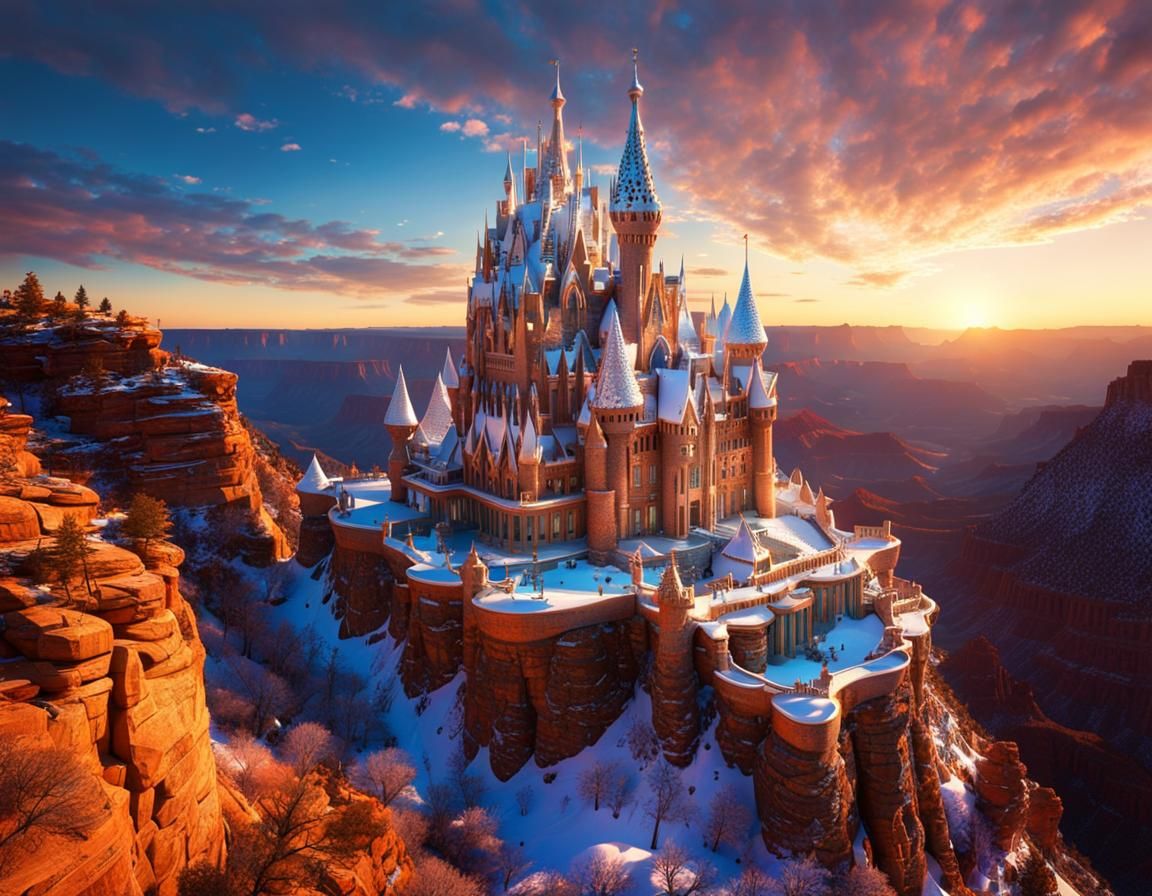 Futuristic Gaudí Castle in Grand Canyon at Sunset