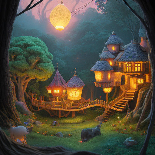 Fantasy Treetop Village Under Golden Moonlight