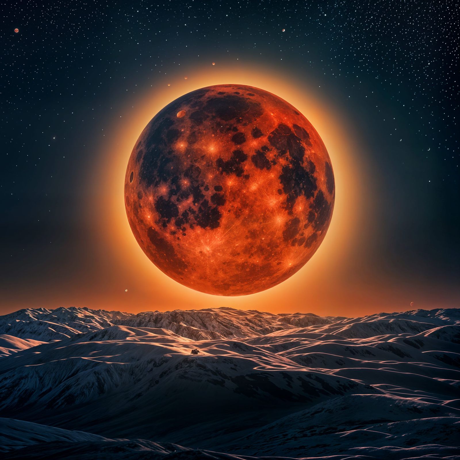 Blood Moon Eclipse in a Haunting Lunar Landscape