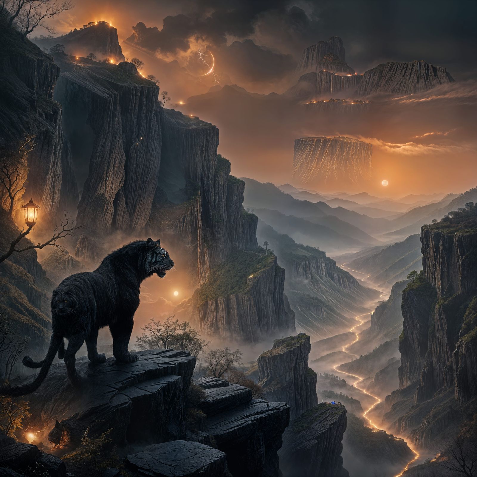 Colossal Black Tiger on a Cliff in Fantasy Art