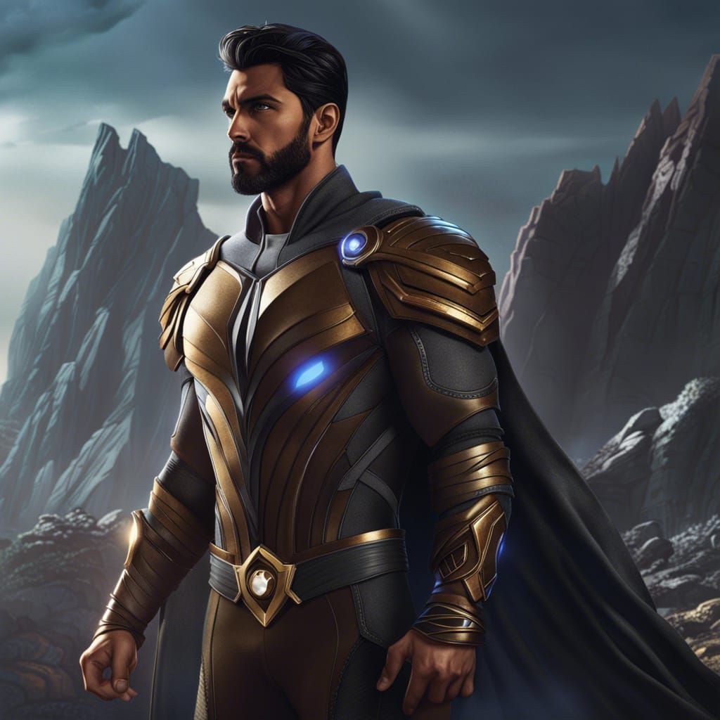 Tan Superhero in Rock Costume, Detailed Matte Painting