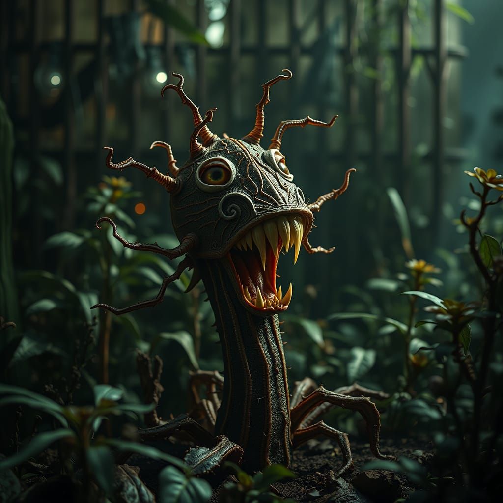 Man-Eating Plant in Dark Garden, Hyper-Realistic