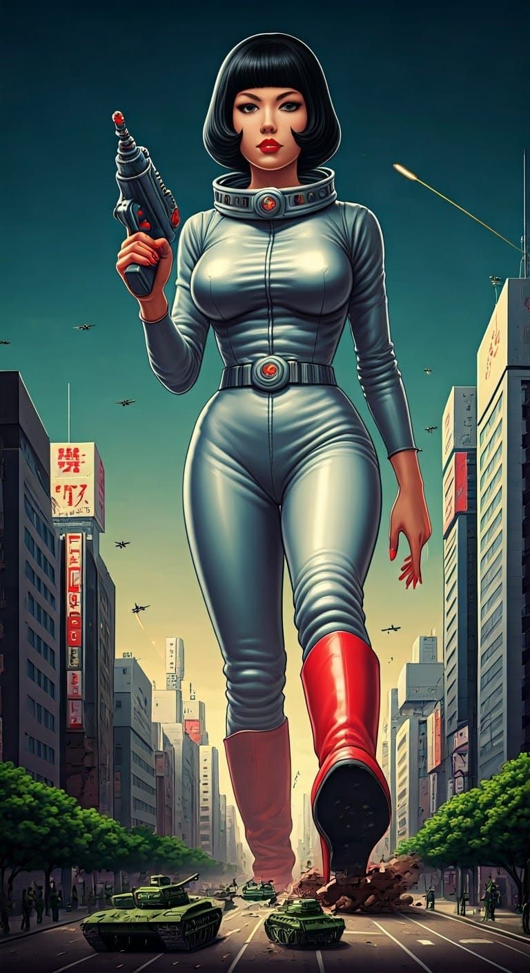 Giant Retro Woman Attacks Tokyo: Sci-Fi Poster Art