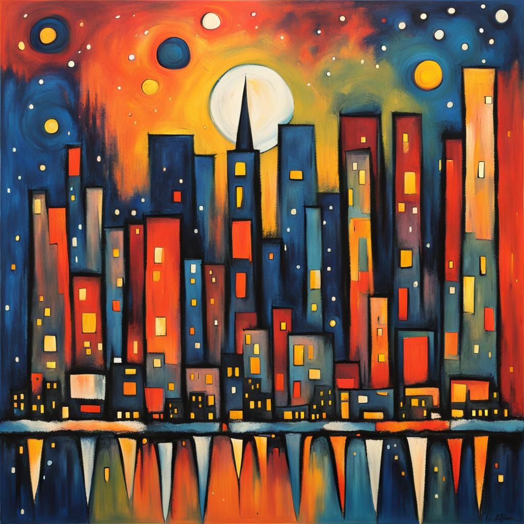 Abstract Cityscape under Starry Sky in Abstract Expressionis...
