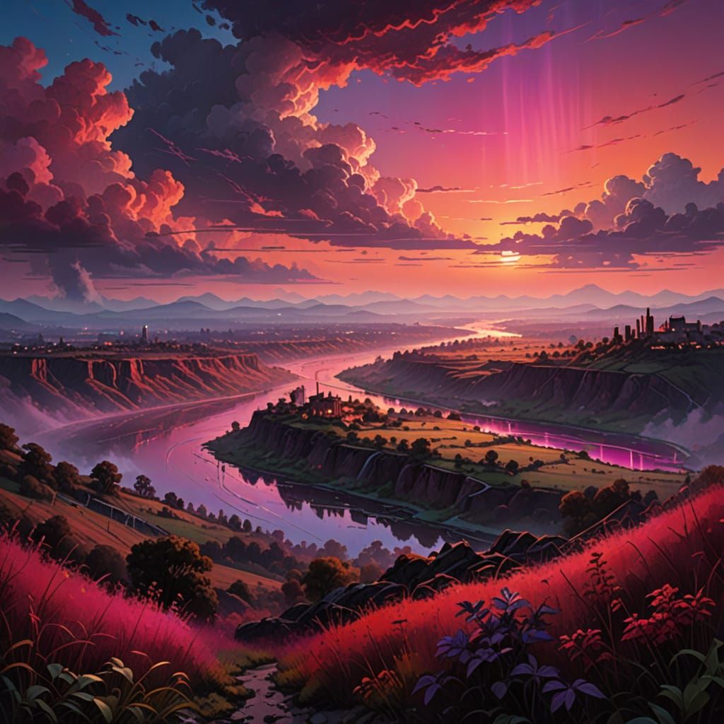 Romantic Dusk Vista with Cyberpunk Mist