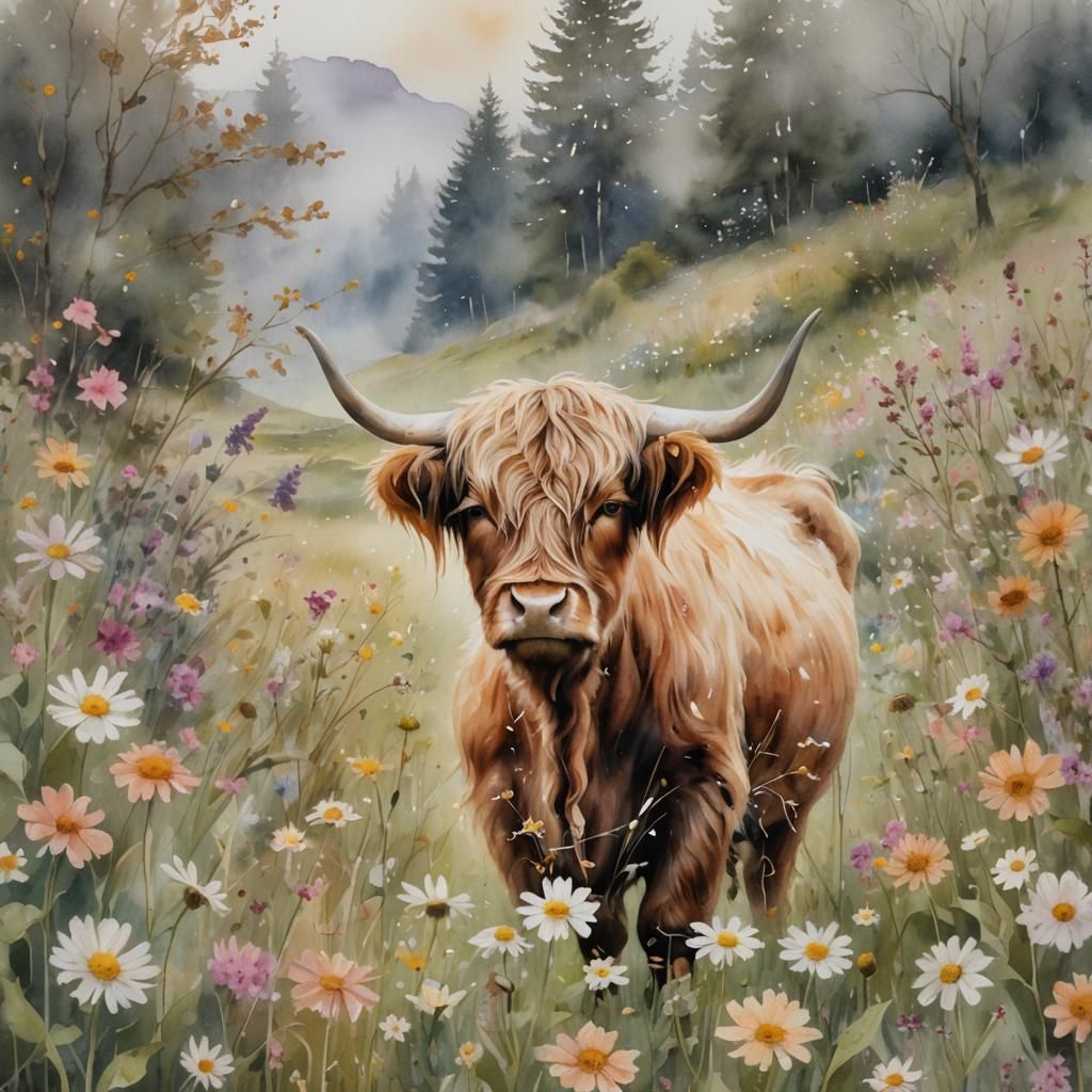 Highland Cow in Floral Landscape, Watercolor Art