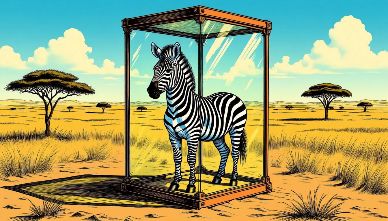 Surreal Zebra Mime Trapped in Glass Box on Savannah