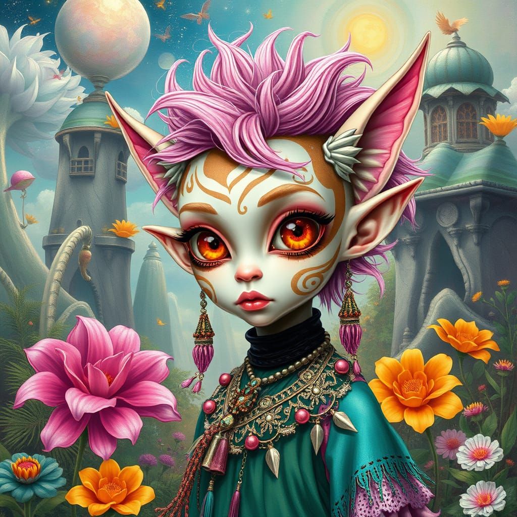 Ethereal Vitiligo Elf in Utopian Fantasy World