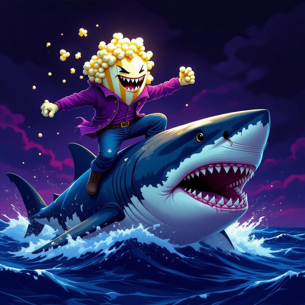 Popcorn Kernel Shark Rider in Dark Fantasy Style
