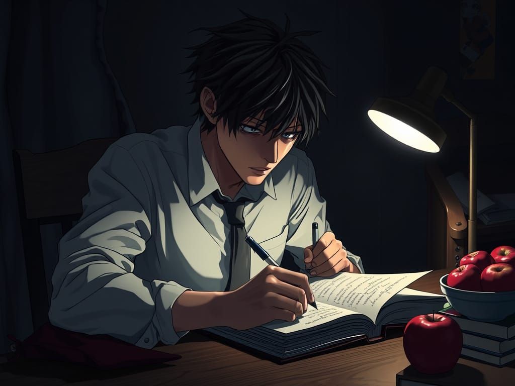 Meticulous Light Yagami Writes in the Death Note, Illuminate...