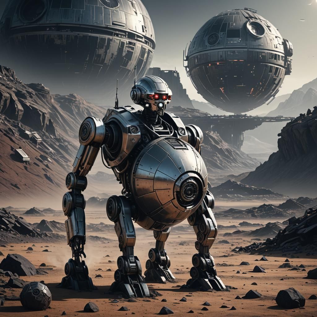 Robot Carrying Death Star in Sci-Fi Landscape