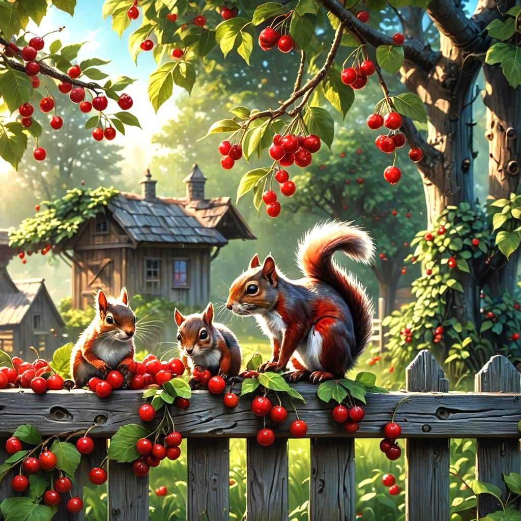Cherries and Squirrels Matte Painting in Detailed Style