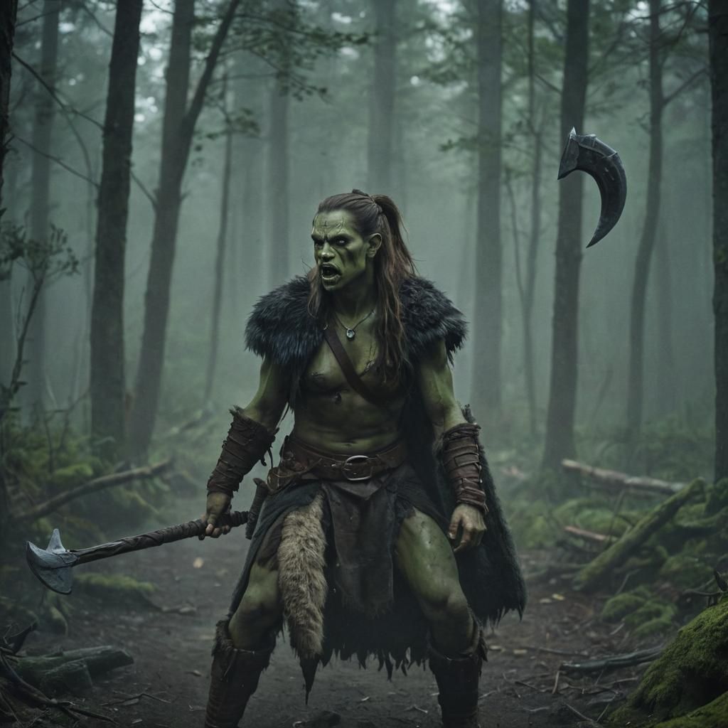Enraged Half-Orc Barbarian in Misty Forest, Cinematic Film S...
