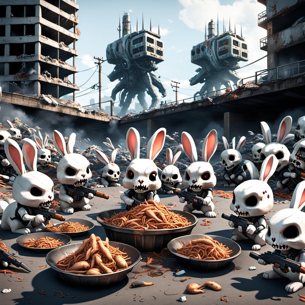 Six-Armed Bunnies Feast in Post-Apocalyptic Parking Deck