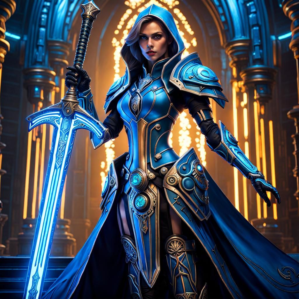 Cybernetic Victorian War Mage with Glowing Sword