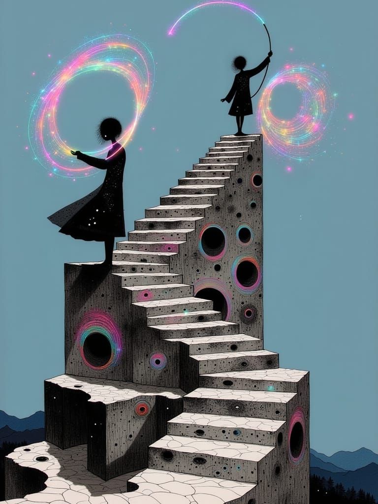 Dazzling Figures Dance on a Staircase in a Dreamlike State