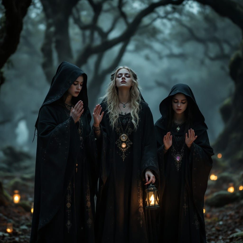 Young Witches Prepare to Cast Spells in a Mystical Clearing