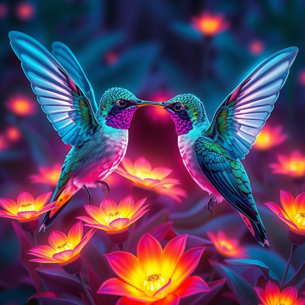 Neon Hummingbirds in a Cyberpunk Garden