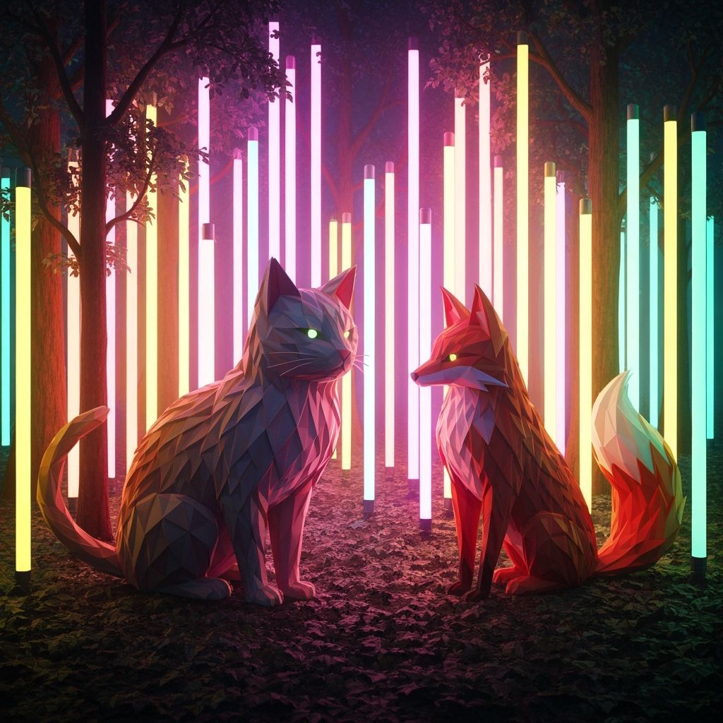 Origami Animals in Neon Forest, Anime Style