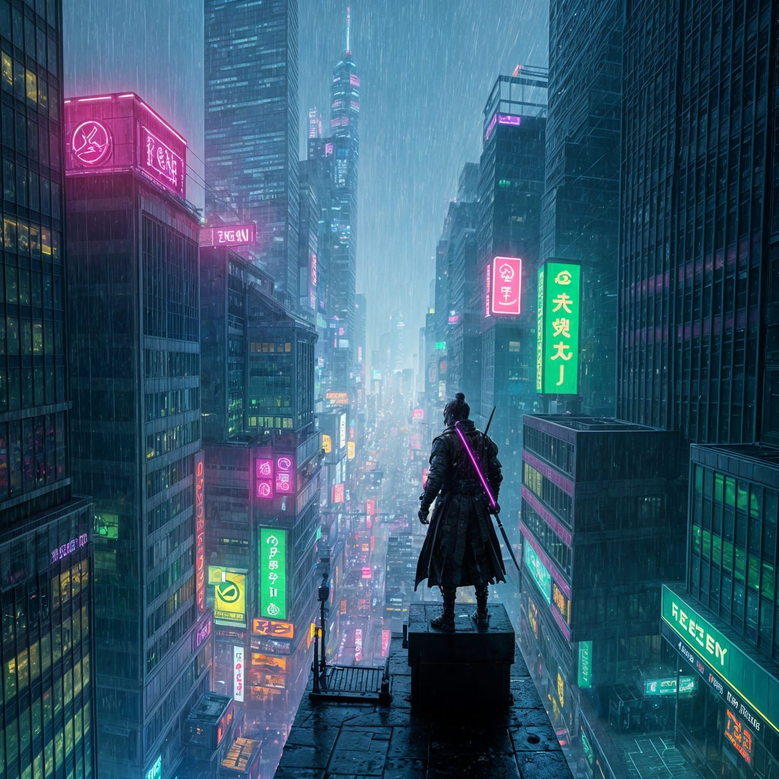 Cyber Samurai Standing on Rooftop, Gazing at Futuristic City...
