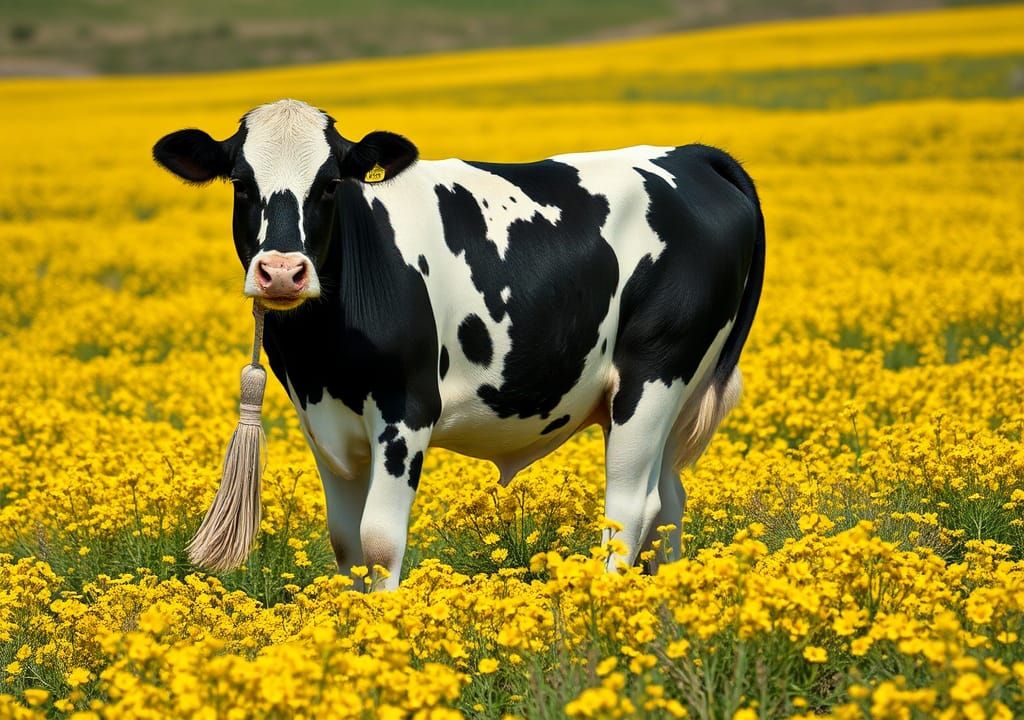 Calf in Field of Yellow Flowers, Impressionist Style