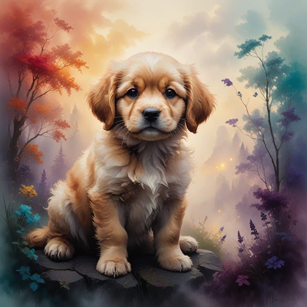 Fluffy Puppy in Whimsical Misty Landscape