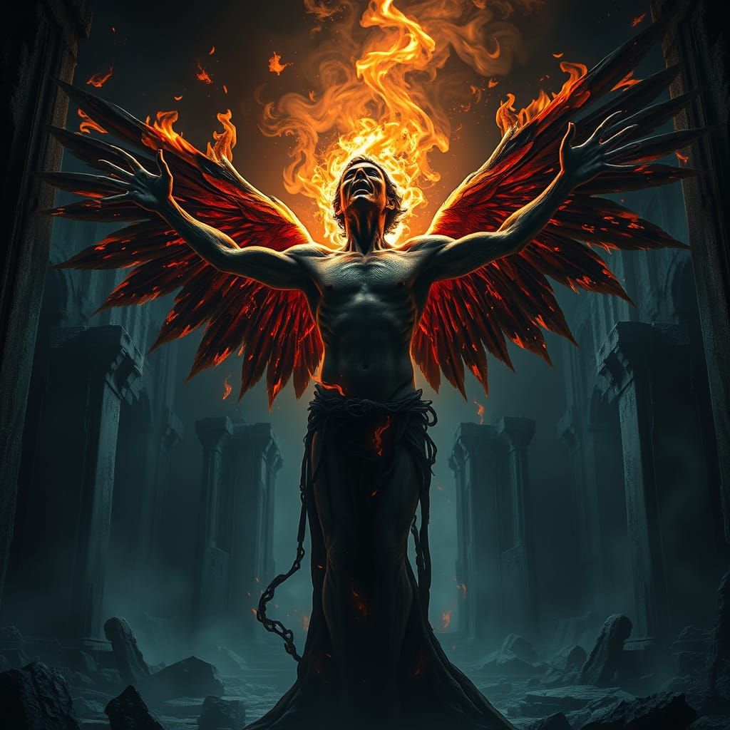 Surreal Fallen Angel Confronts Ruined Landscape in Hyperreal...