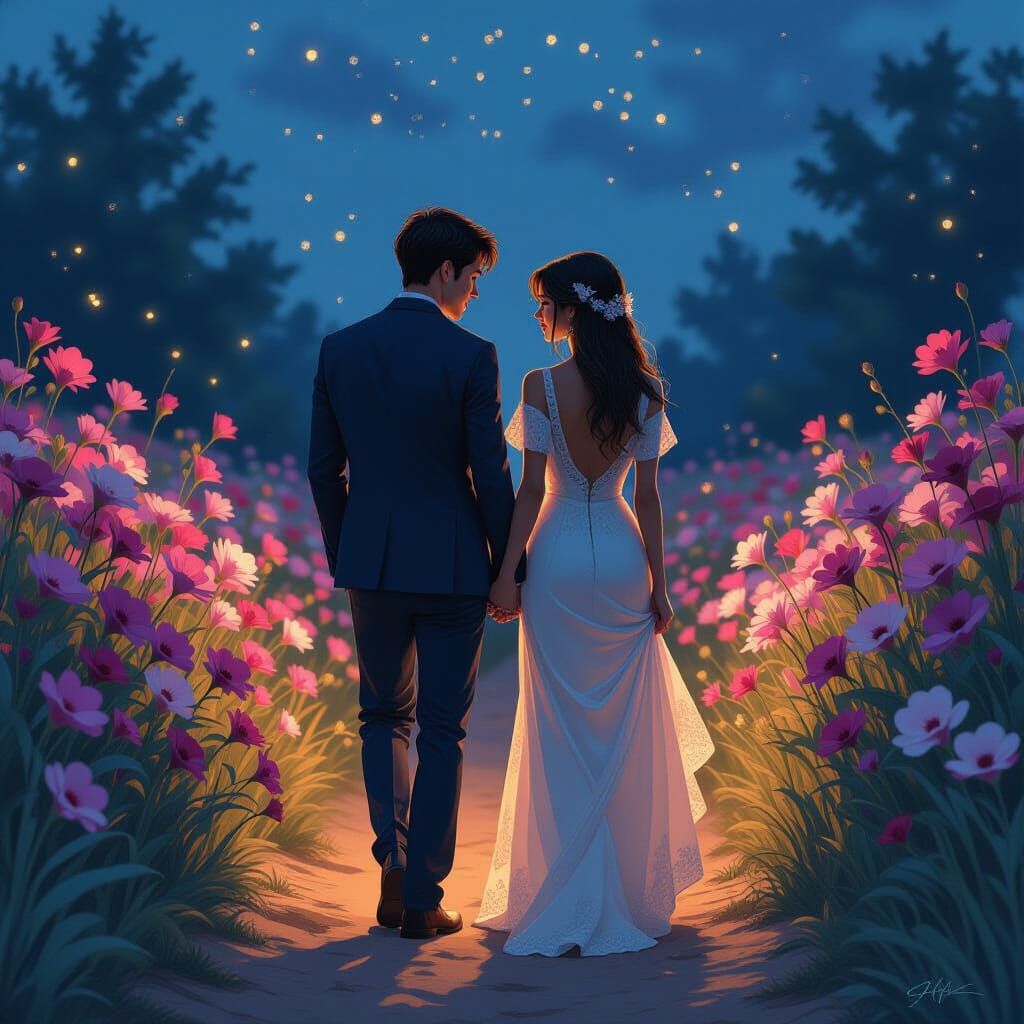 Couple on Night Flower Path, Dynamic Lighting