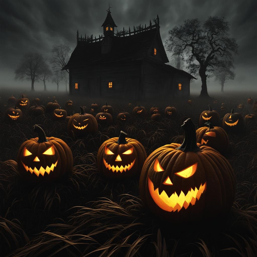 3D Pumpkin Monster in Foggy Autumn Field