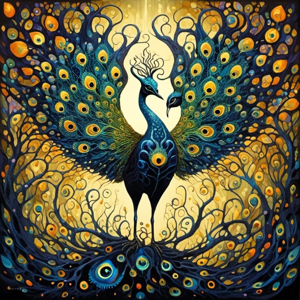 Ethereal Peacock Illustration in Alcohol Ink Style