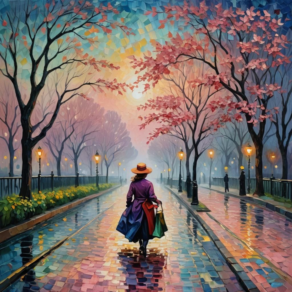 Colorful Night Scene in Neo-Impressionist Style