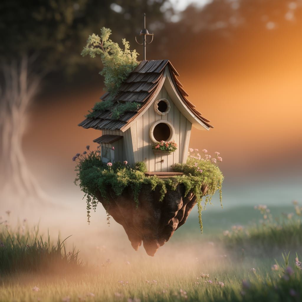 Floating Island Birdhouse in Ethereal Landscape