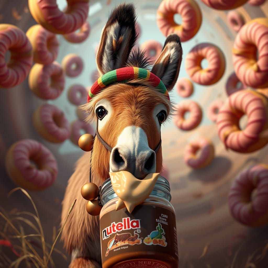 Whimsical Donkey Indulges in Nutella Amidst Donut Chaos