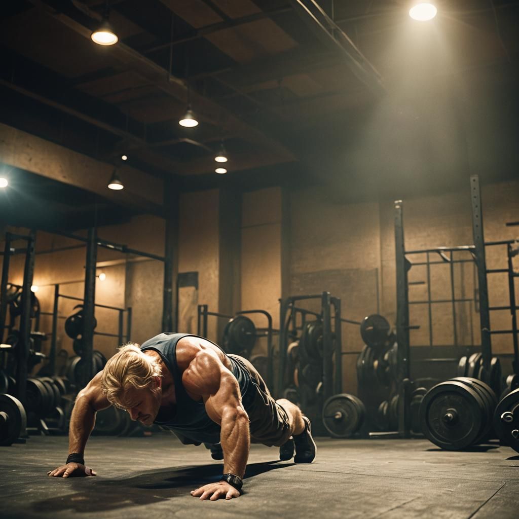 Strong Man Doing Pushups in Gritty Gym