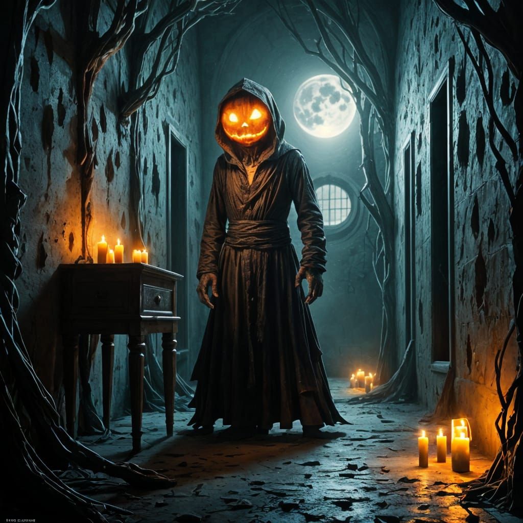 Eerie Jack-o'-Lantern Creature in Abandoned Asylum