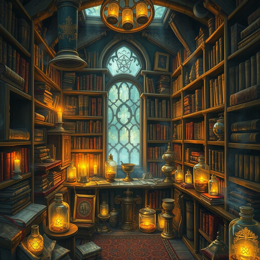 Mystical Chamber of Ancient Tomes and Spellbooks