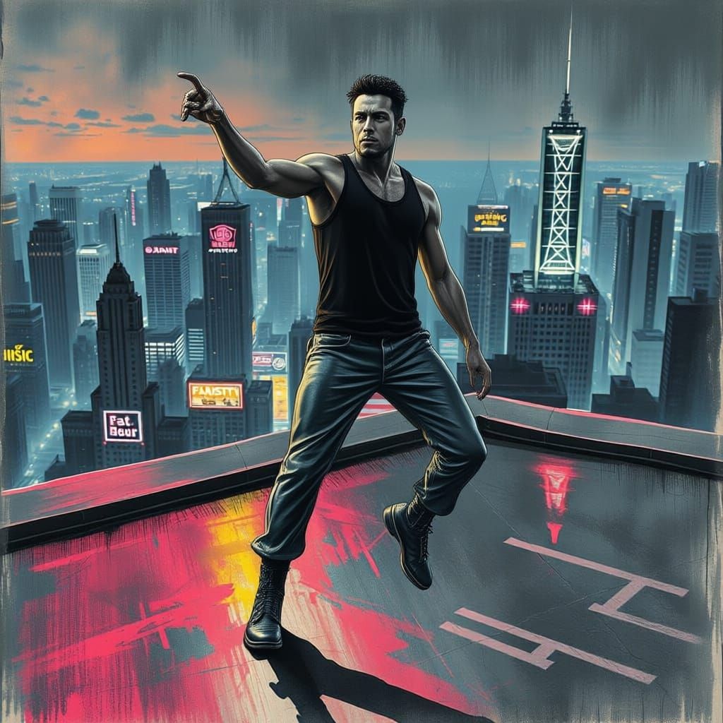 Energetic Dancer on Cyberpunk Rooftop at Night