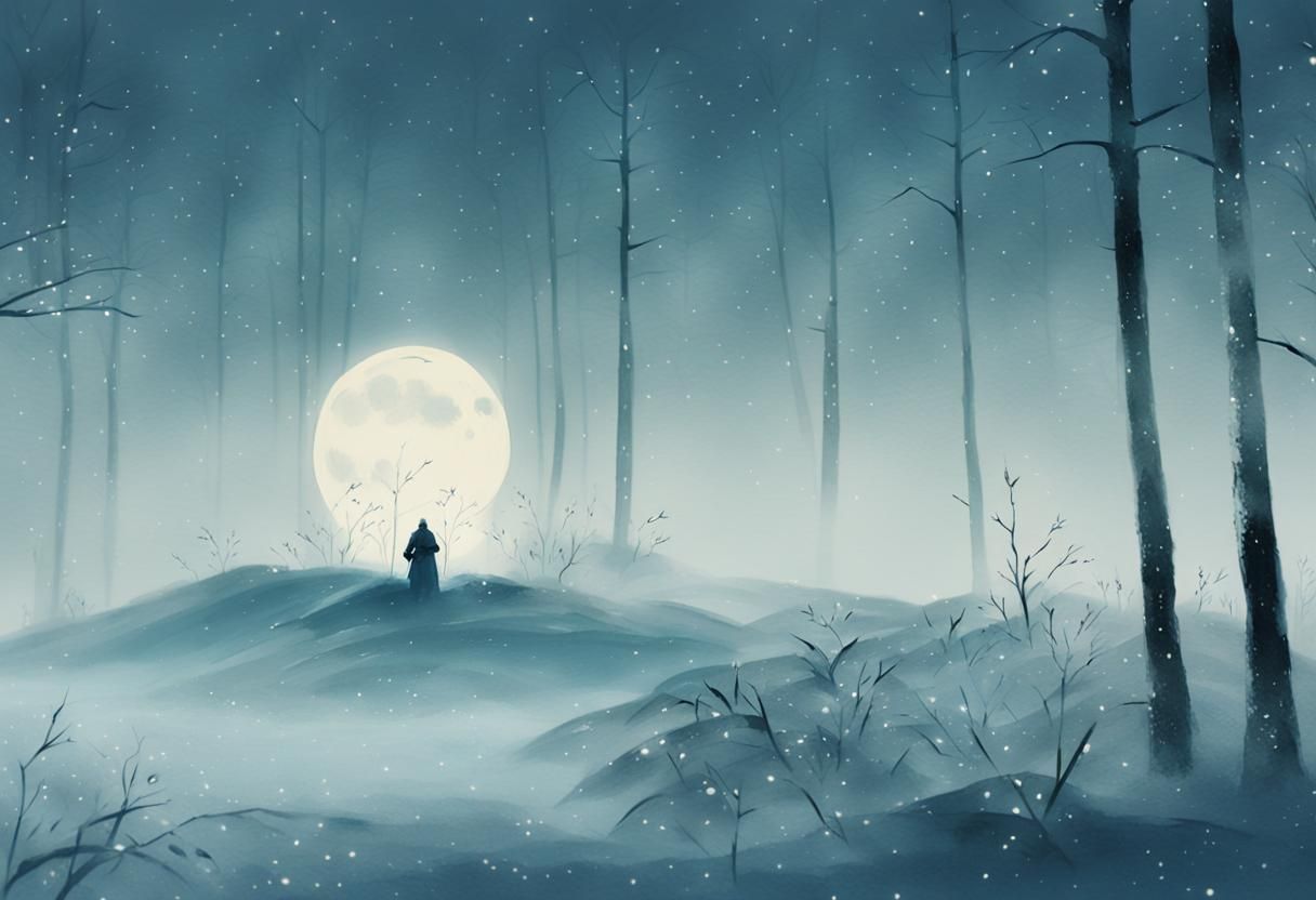 Samurai in Snowy Moonlight: Fujiwara Ink Wash Painting