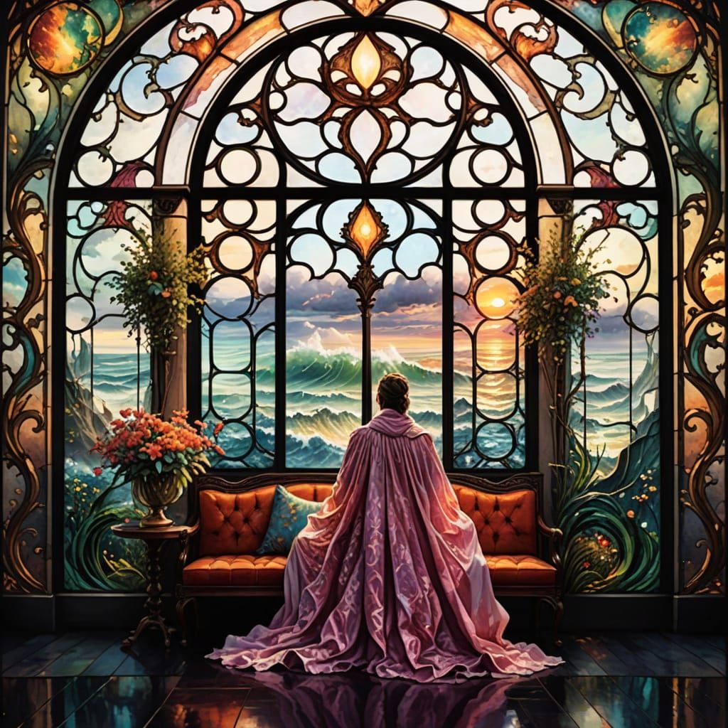 Watercolor Sunset Over Stormy Waves: Fantasy Landscape