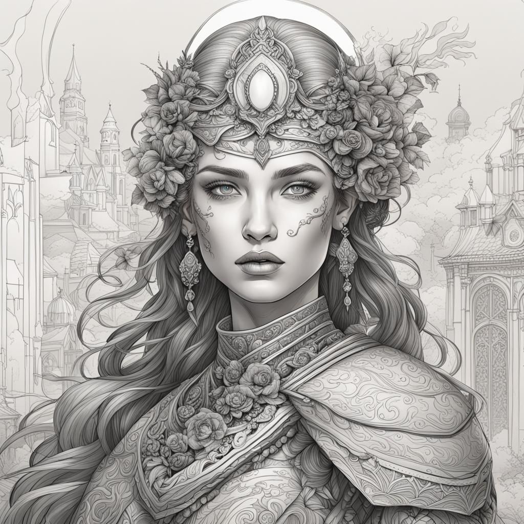 Detailed Line Drawing of a Beautiful Woman