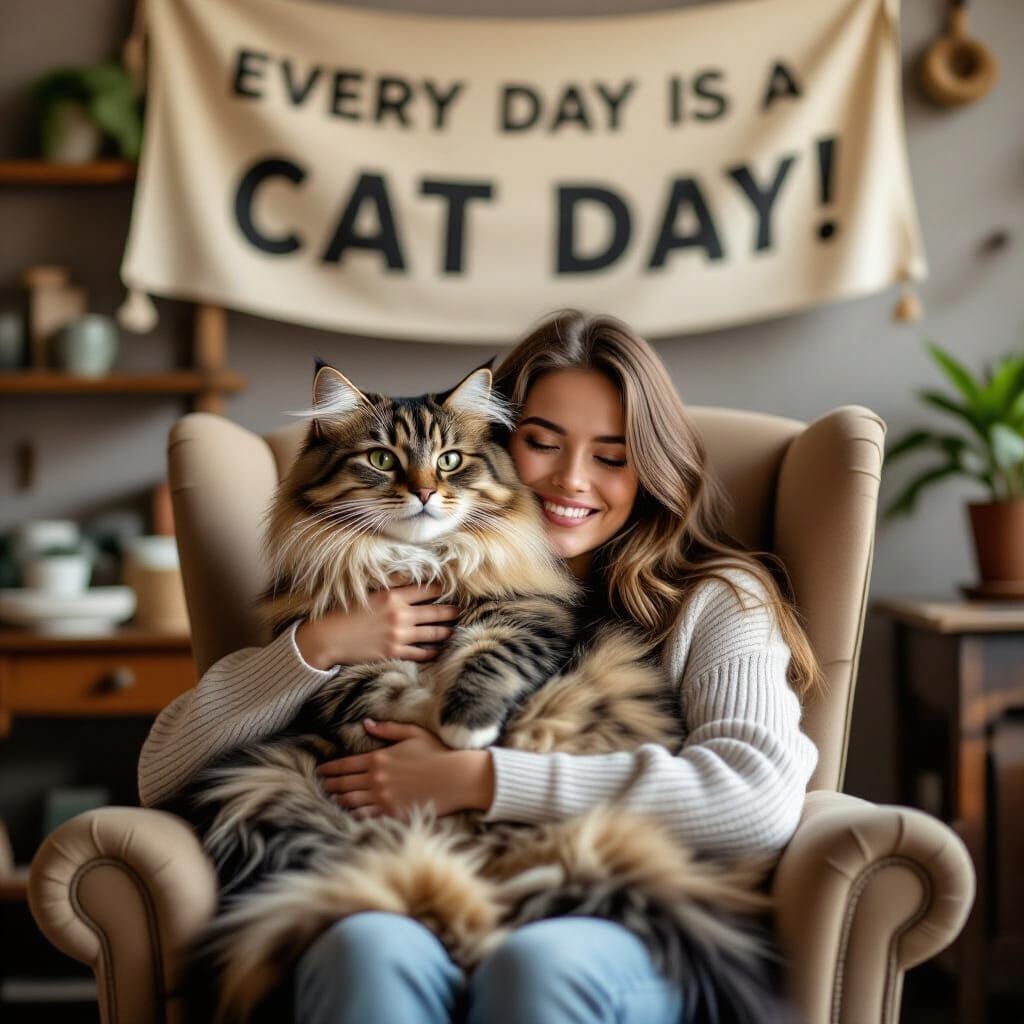 Cozy Living Room with Fluffy Cat and Banner