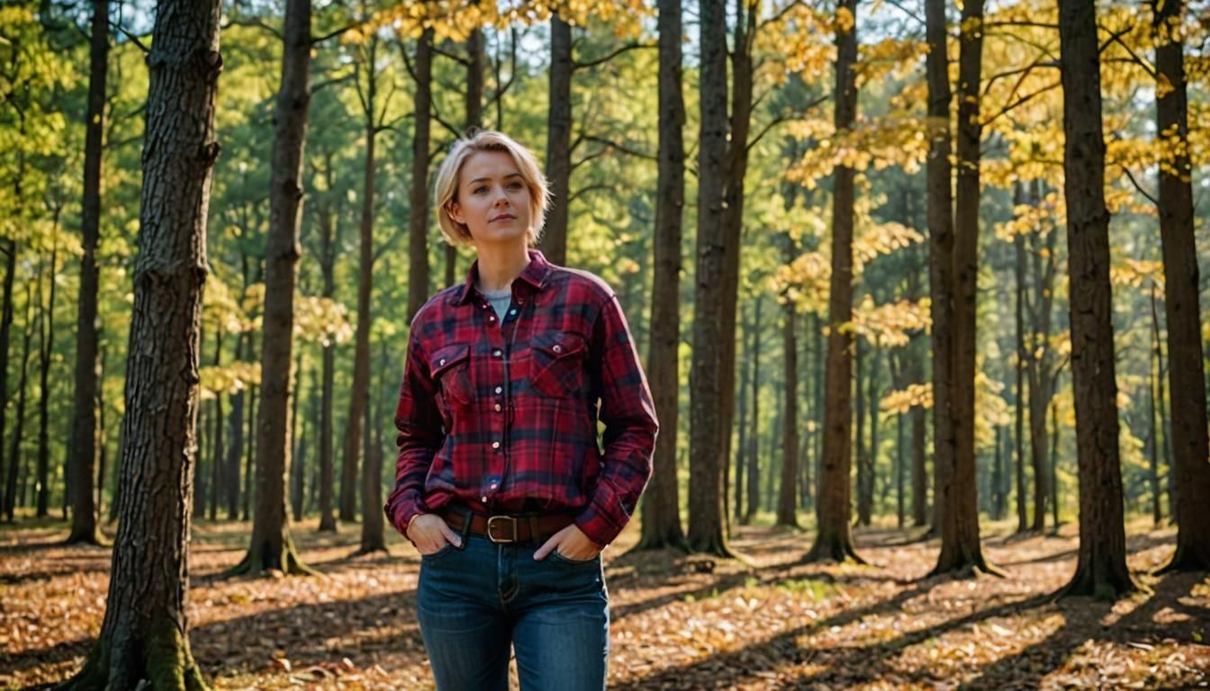 Blonde Woman in Red Plaid Shirt in Forest