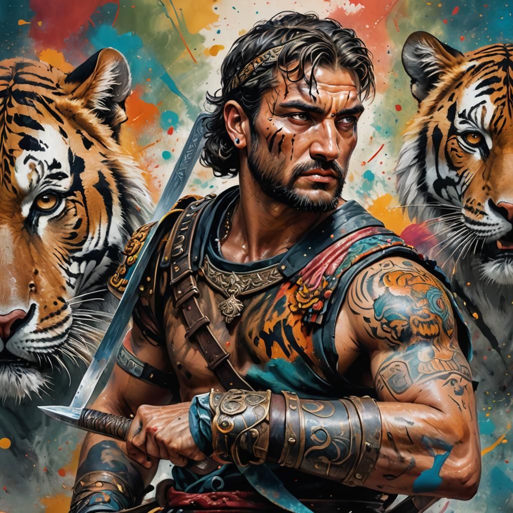 Hyperrealistic Roman Warrior with Tigers and Colorful Splash...