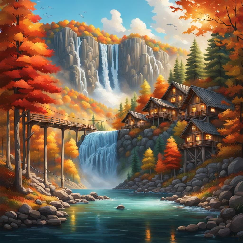 Gigantic Waterfall and Autumn Village in Hyperrealism