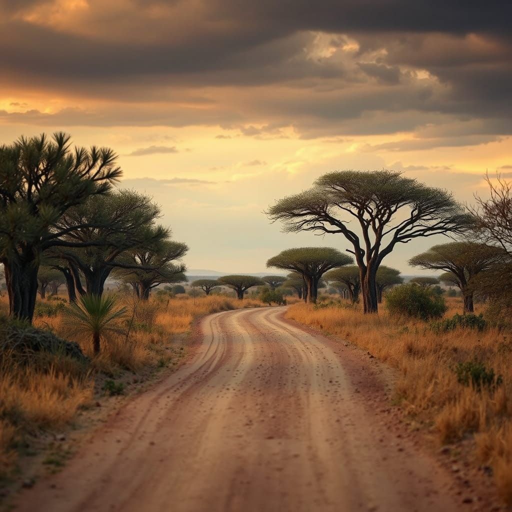 Savannah Path Under Dramatic Sky: Photorealistic Film Still