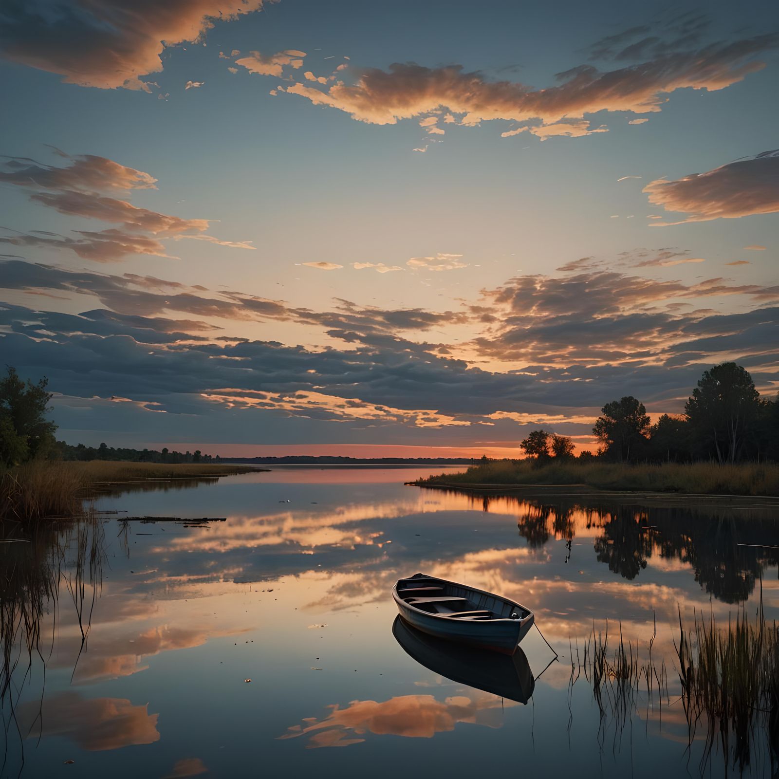 Dusk Over Pond: Lonely Boat in Photorealistic Style