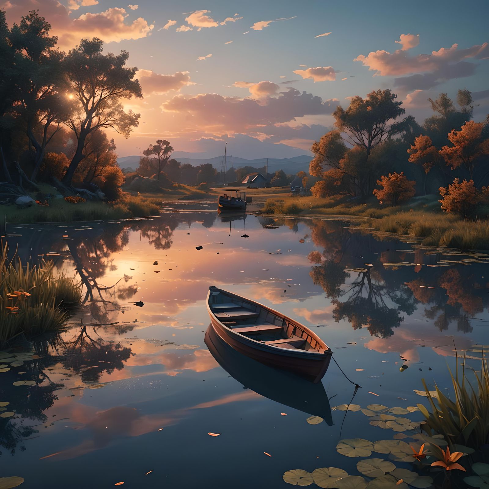 Lonely Boat at Dusk: Photorealistic Pond Scene