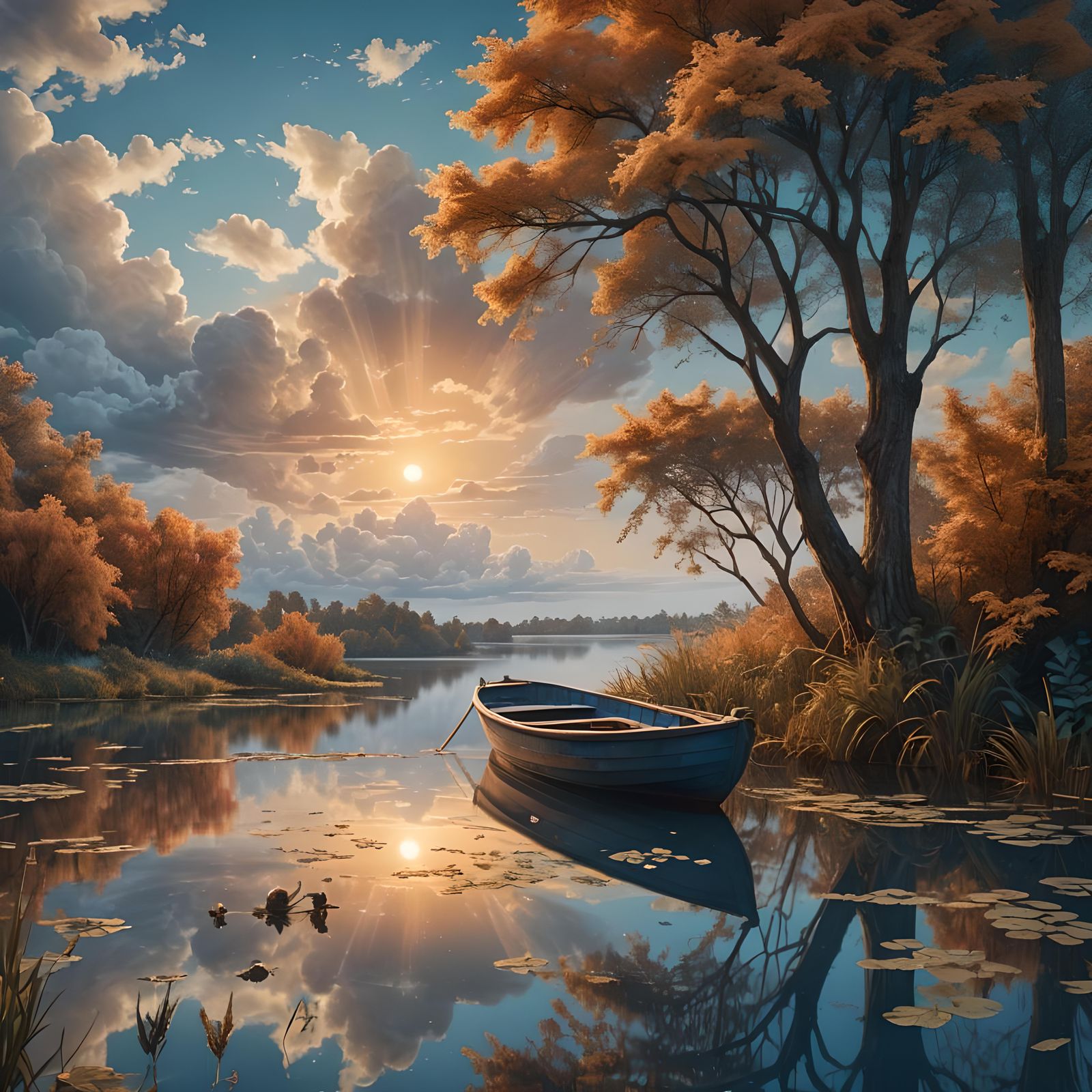 Lonely Boat on Pond at Dusk: Photorealistic Image
