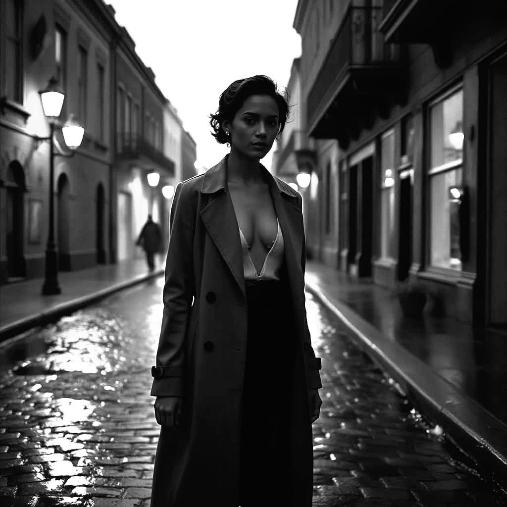 Noir Latina Woman in Futuristic Trench Coat at Dusk